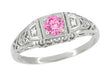 1920's Pink Sapphire and Diamonds Filigree Art Deco Engagement Ring in Platinum