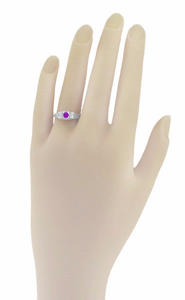Art Deco Amethyst and Diamond Filigree Promise Ring in 14 Karat White Gold - Item: R228WAM - Image: 3