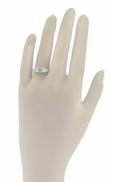 Art Deco Mint Green Tourmaline and Diamond Filigree Vintage Style Engagement Ring in 14 Karat White Gold - Item: R228WGT - Image: 3