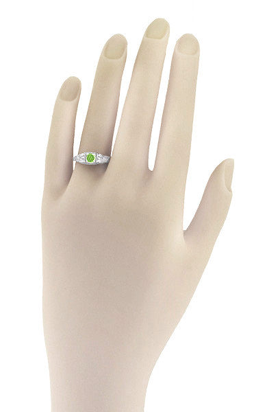 1920's Art Deco Peridot and Diamond Filigree Ring in 14 Karat White Gold - Item: R228WPER - Image: 3