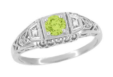 1920's Art Deco Peridot and Diamond Filigree Ring in 14 Karat White Gold