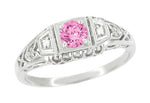1920's Style Pink Sapphire and Diamonds Art Deco Filigree Engagement Ring in 14 Karat White Gold