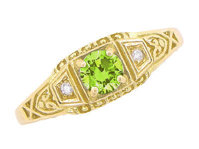 Petite Yellow Gold Art Deco Peridot and Diamond Filigree Ring - Item: R228YPER - Image: 4