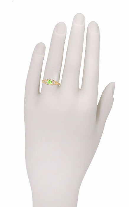 Petite Yellow Gold Art Deco Peridot and Diamond Filigree Ring - Item: R228YPER - Image: 5
