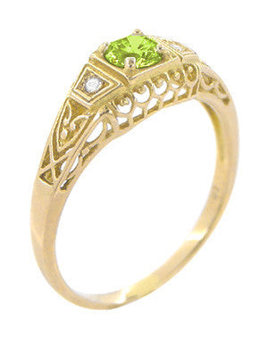 Petite Yellow Gold Art Deco Peridot and Diamond Filigree Ring - alternate view
