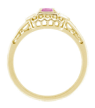 14 Karat Yellow Gold Art Deco Low Dome Filigree Pink Sapphire and Diamond Engagement Ring - Item: R228YPS - Image: 2