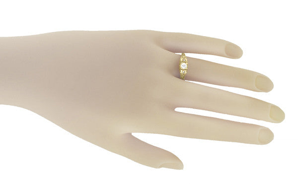 Art Deco Yellow Gold White Sapphires Filigree Low Dome Engagement Ring - Item: R228YWS - Image: 4