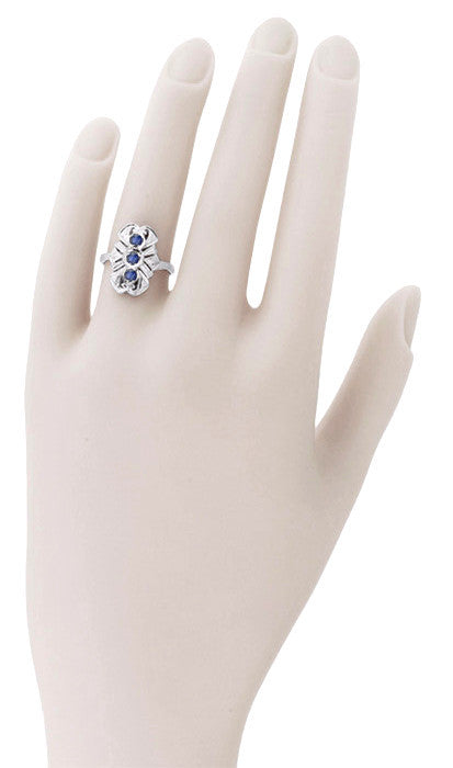 Art Deco Filigree Three Stone Blue Sapphires Panel Ring in 14 Karat White Gold - Item: R235 - Image: 3
