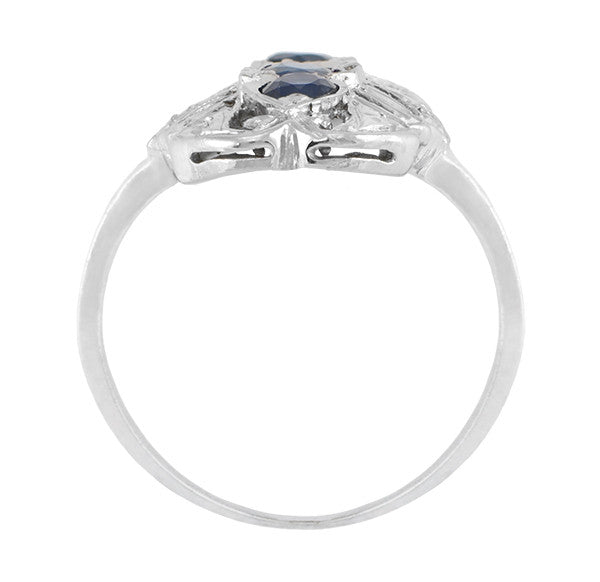 Art Deco Filigree Three Stone Blue Sapphires Panel Ring in 14 Karat White Gold - Item: R235 - Image: 2