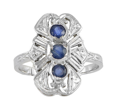 Art Deco Filigree Three Stone Blue Sapphires Panel Ring in 14 Karat White Gold