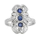 Art Deco Filigree Three Stone Blue Sapphires Panel Ring in 14 Karat White Gold