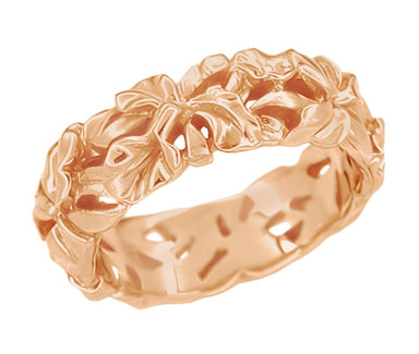 Rose Gold Calla Lilies Filigree Wedding Band - Mid Century Modern Floral Wide Wedding Ring