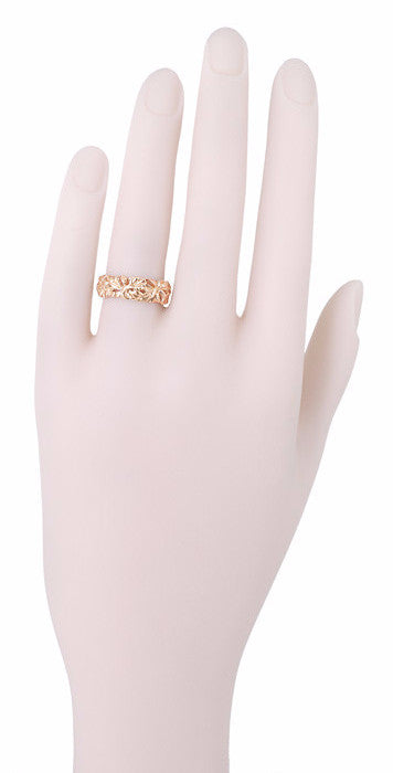 Rose Gold Calla Lilies Filigree Wedding Band - Mid Century Modern Floral Wide Wedding Ring - alternate view