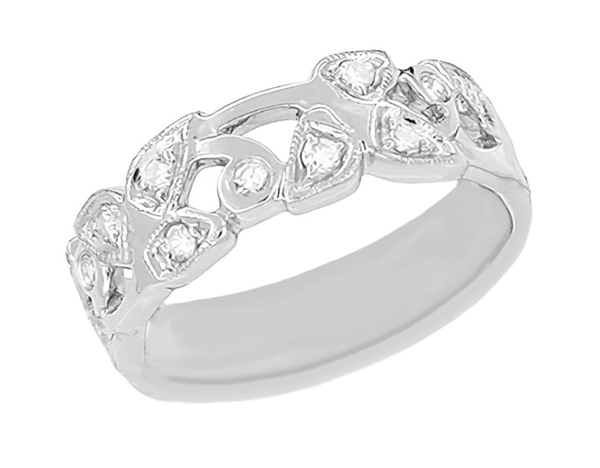 Retro Moderne Vines and Leaves Filigree Diamond Wedding Band in Platinum