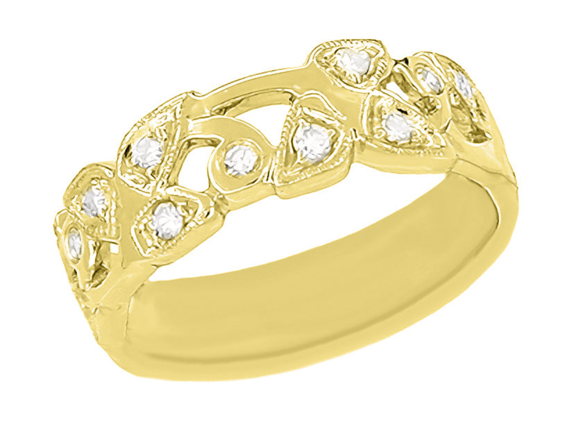 Yellow Gold 1950's Retro Moderne Vines and Leaves Filigree Diamond Wedding Band - 14K or 18K