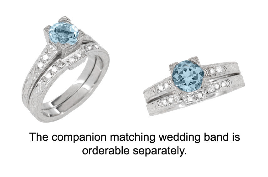 Engraved Art Deco 1 Carat Aquamarine Engagement Ring with Side Diamonds in White Gold - 18K or 14K - Item: R283W1AK14 - Image: 4