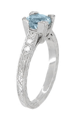 Engraved Art Deco 1 Carat Aquamarine Engagement Ring with Side Diamonds in White Gold - 18K or 14K - alternate view