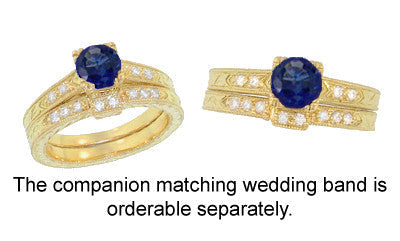 Art Deco Blue Sapphire Engraved Engagement Ring with Side Diamonds in Yellow Gold - Fishtail Setting - Item: R283Y14K - Image: 4