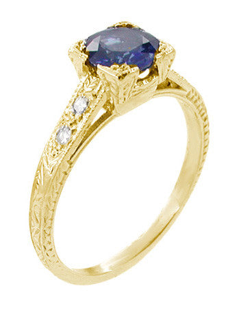 Art Deco Blue Sapphire Engraved Engagement Ring with Side Diamonds in Yellow Gold - Fishtail Setting - alternate view