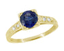 Art Deco Blue Sapphire Engraved Engagement Ring with Side Diamonds in Yellow Gold - Fishtail Setting