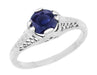 Honey Comb Filigree Blue Sapphire Art Deco Engagement Ring in 14 Karat White Gold
