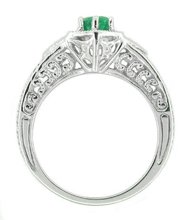 Art Deco Emerald and Diamond Filigree Engraved Engagement Ring in Platinum - alternate view