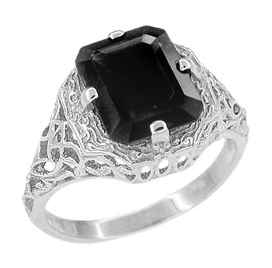 Art Deco 1920's Antique Rectangular Black Onyx Filigree Ring in White Gold - R289on