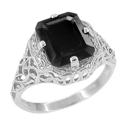 Art Deco 1920's Antique Rectangular Black Onyx Filigree Ring in White Gold - R289on