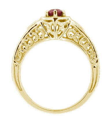 Yellow Gold Art Deco Filigree Hexagon Ruby Engagement Ring with Side Diamonds - alternate view