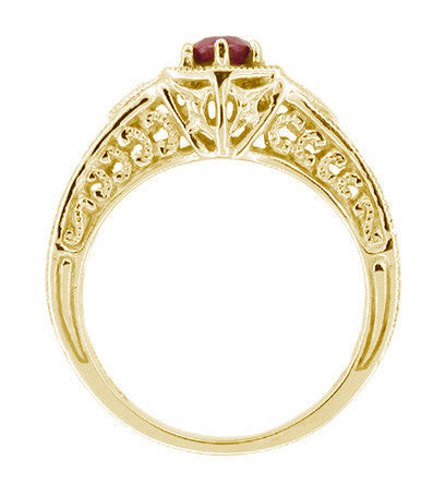 Yellow Gold Art Deco Filigree Hexagon Ruby Engagement Ring with Side Diamonds - Item: R290Y - Image: 2