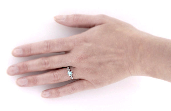 Art Deco Filigree Aquamarine and Diamond Engagement Ring in Platinum - Item: R298PA - Image: 4