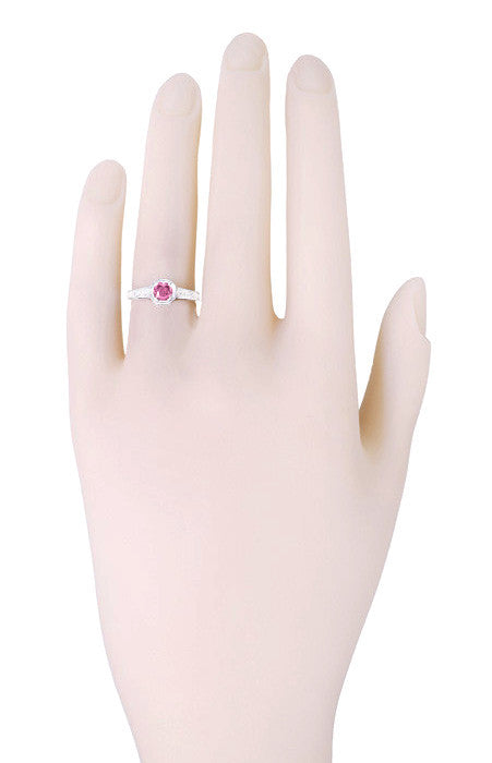 Art Deco Filigree Pink Sapphire and Diamond Engagement Ring in Platinum - Item: R298PPS - Image: 4