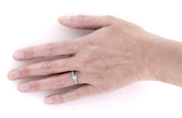 Art Deco Filigree Aquamarine and Diamond Engagement Ring in White Gold - 18K or 14K - Item: R298W14A - Image: 4