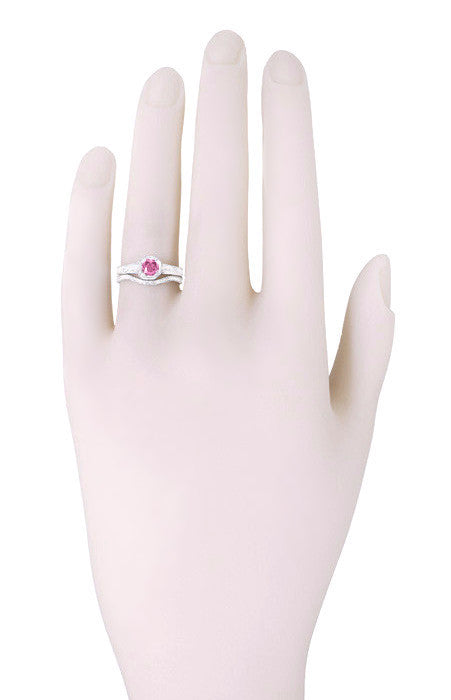 Art Deco Square Frame Filigree Natural Pink Sapphire Engagement Ring in White Gold - Item: R298W14PS - Image: 5
