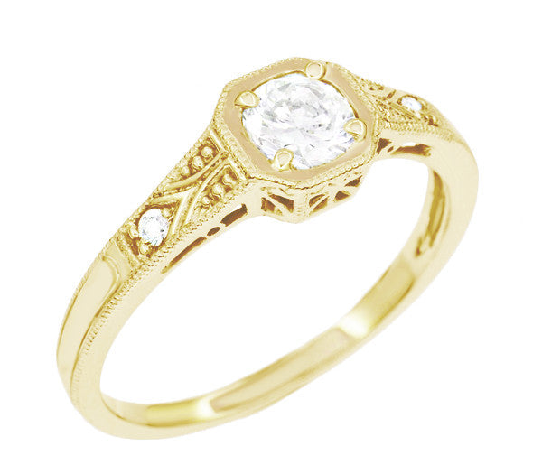 Yellow Gold 1930's Art Deco Filigree Low Profile Diamond Engagement Ring - Item: R298YD10K-LC - Image: 2