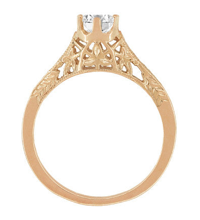 Art Deco Crown of Leaves Vintage Filigree Diamond Solitaire Engagement Ring in 14 Karat Rose Gold - Item: R299R50D-LC - Image: 4