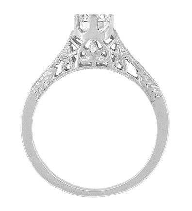 Art Deco Crown of Leaves Filigree Solitaire Diamond Engagement Ring in White Gold - Item: R299W50DK14-LC - Image: 4