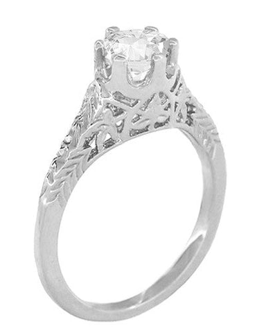 Art Deco Crown of Leaves Filigree Solitaire Diamond Engagement Ring in White Gold