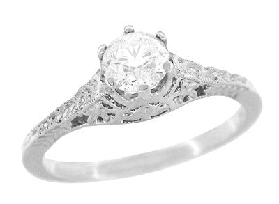 Art Deco Crown of Leaves Filigree Solitaire Diamond Engagement Ring in White Gold - Item: R299W50DK14-LC - Image: 2