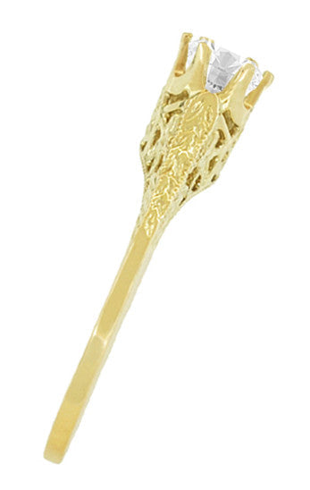 Art Deco Crown of Leaves Filigree Solitaire Diamond Engagement Ring in Yellow Gold - Item: R299Y50DK14-LC - Image: 3