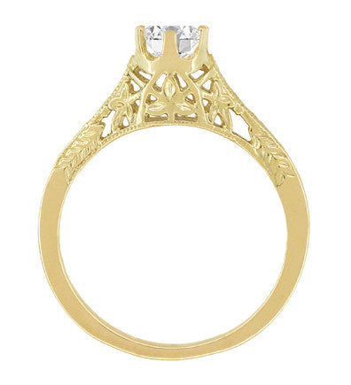 Art Deco Crown of Leaves Filigree Solitaire Diamond Engagement Ring in Yellow Gold - Item: R299Y50DK14-LC - Image: 4