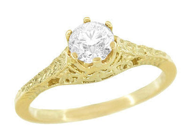 Art Deco Crown of Leaves Filigree Solitaire Diamond Engagement Ring in Yellow Gold