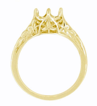 Side of Art Deco Crown of Leaves Yellow Gold Antique Filigree Engagement Ring Mounting for a Round 3/4 Carat Diamond - 6mm - R299Y