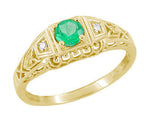 Art Deco Filigree Emerald and Diamonds Engagement Ring in 14 Karat Yellow Gold