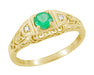 Art Deco Filigree Emerald and Diamonds Engagement Ring in 14 Karat Yellow Gold