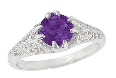 White Gold Antique Edwardian Round Amethyst Engagement Ring with Fleur De Lys Sculptural Sides - R332 