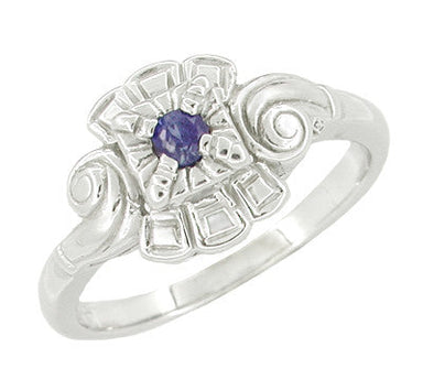 Art Deco Scroll Sapphire Cocktail Ring in 14 Karat White Gold