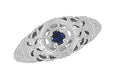 Art Deco 1920's Low Dome Filigree Blue Sapphire Ring in White Gold