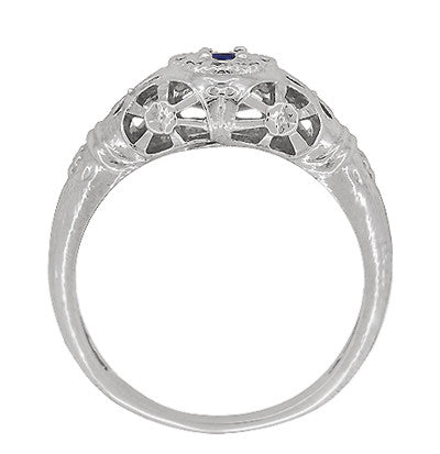 Art Deco 1920's Low Dome Filigree Blue Sapphire Ring in White Gold - Item: R335 - Image: 5
