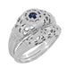 Art Deco 1920's Low Dome Filigree Blue Sapphire Ring in White Gold